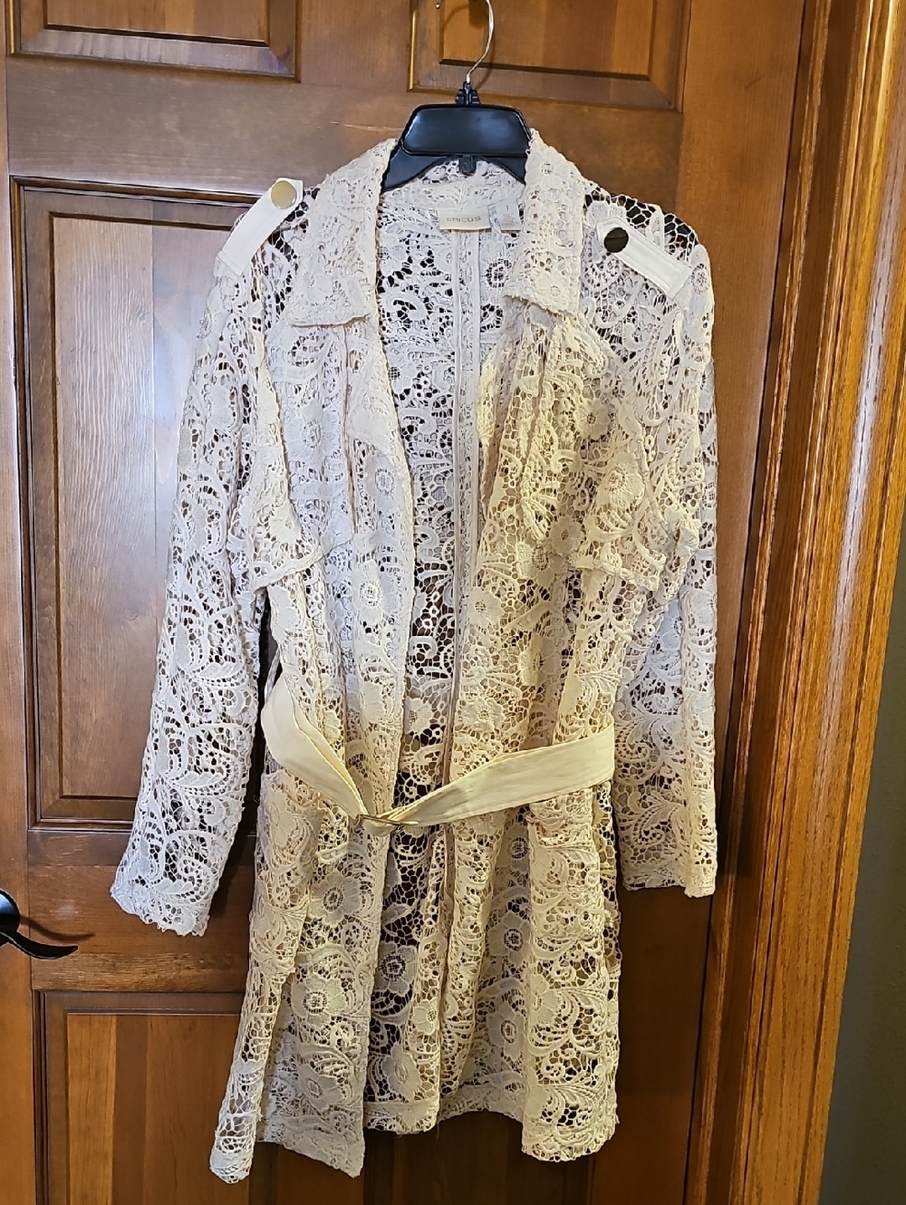 CHICO'S Cream Lace Trench Cardigan with Tie Belt